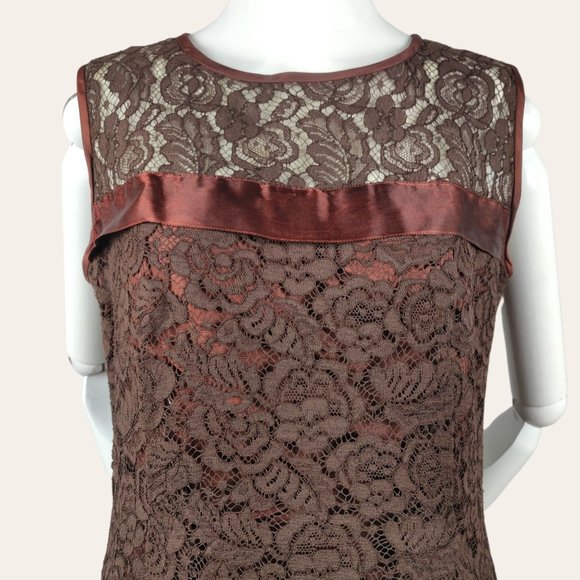 Vintage 1960s Brown Lace Cocktail Dress MOD MCM Tent Flare Satin Bow Lined M - Picture 4 of 12